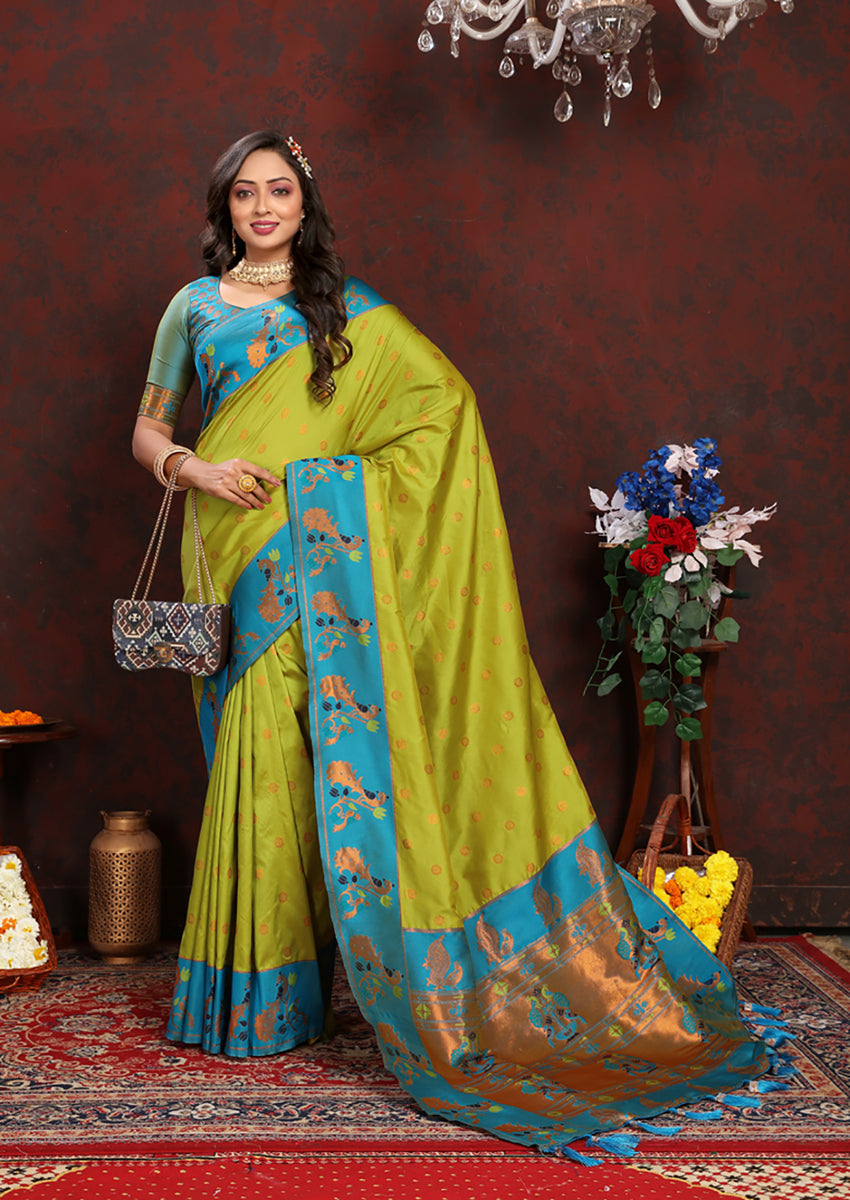 Lorenvalley Fashion Parotgreen Soft Paithani Silk Woven Design Rich Zari Meenakari Weaving Saree