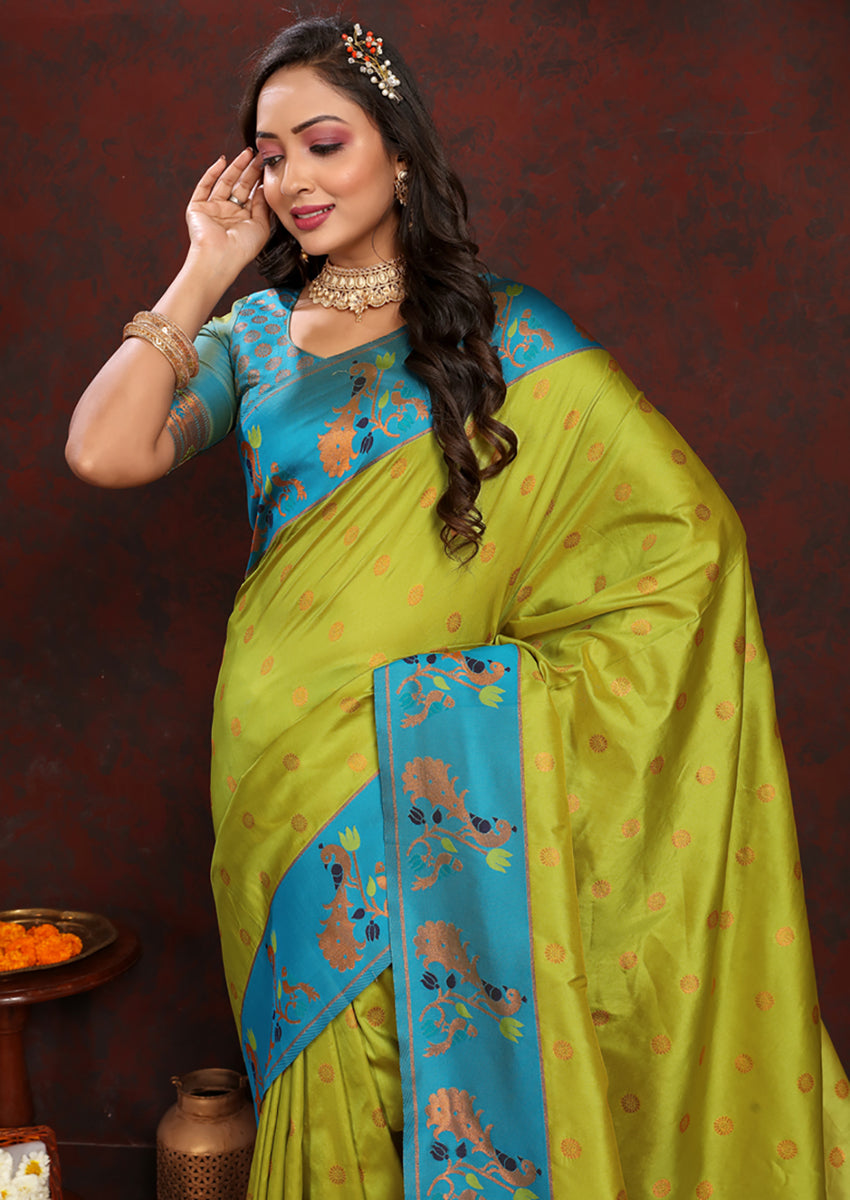 Lorenvalley Fashion Parotgreen Soft Paithani Silk Woven Design Rich Zari Meenakari Weaving Saree
