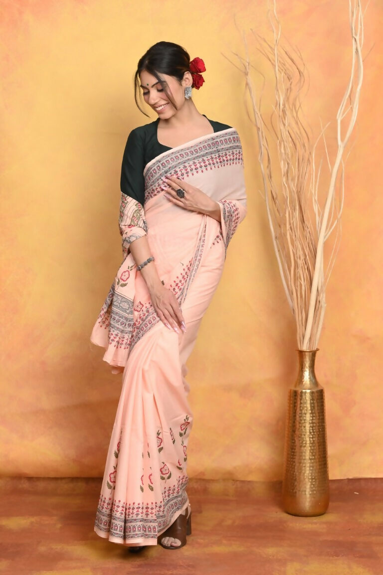 Very Much Indian Handblock Printed Cotton Saree With Natural Dyes - Peach