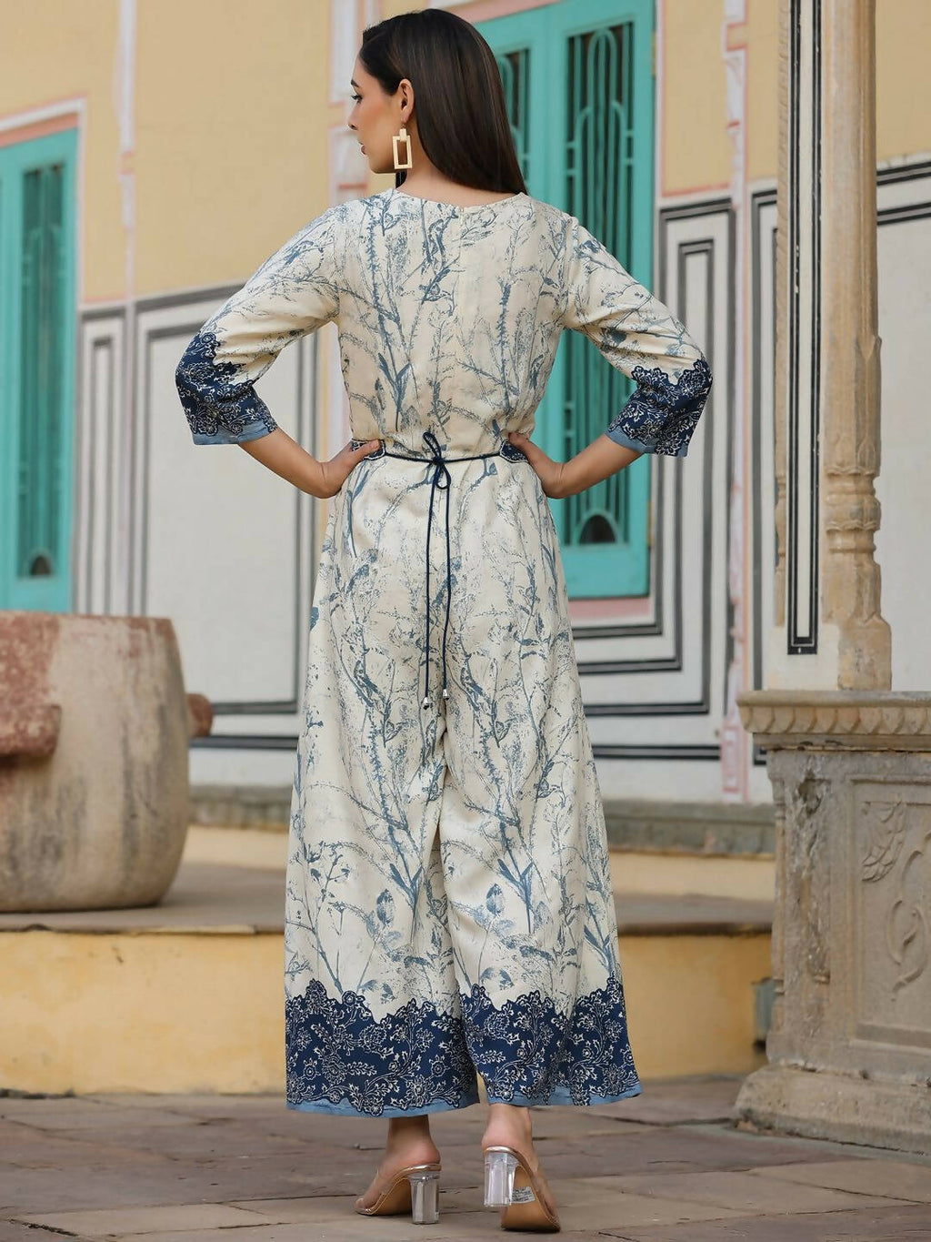 Juniper Women's Offwhite Rayon Staple Printed With Embroidery Straight Jumpsuit