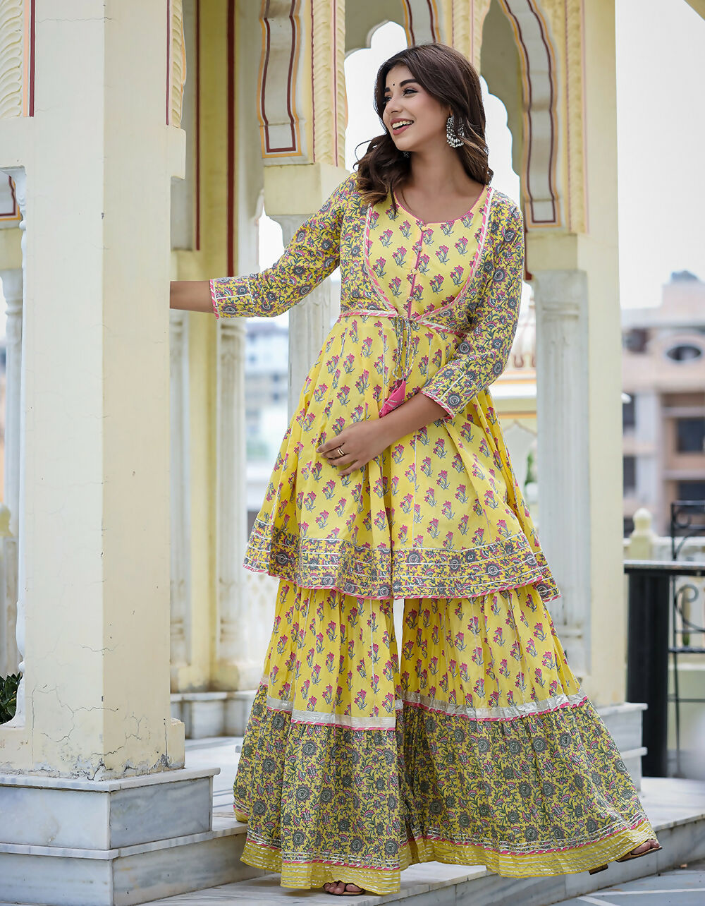 Kaajh Women's Yellow Floral Paplum Kurta Sharara Set With Dupatta