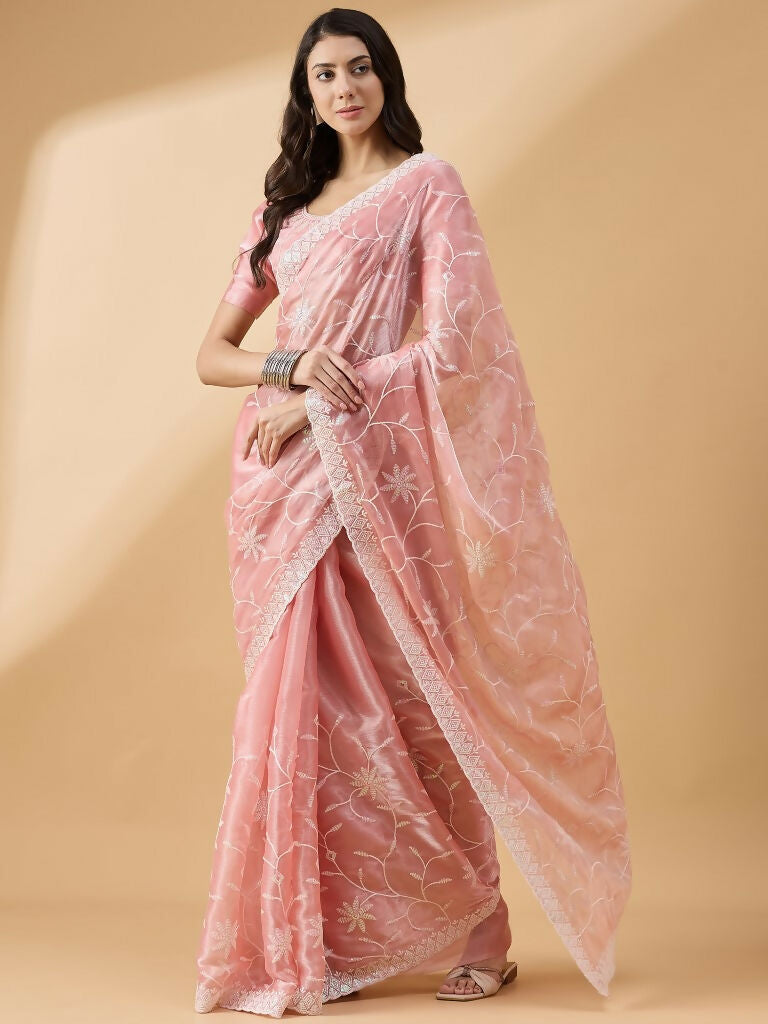 Peach Tissue Slub Embroidered Saree with Unstitched Blouse - Vairagi