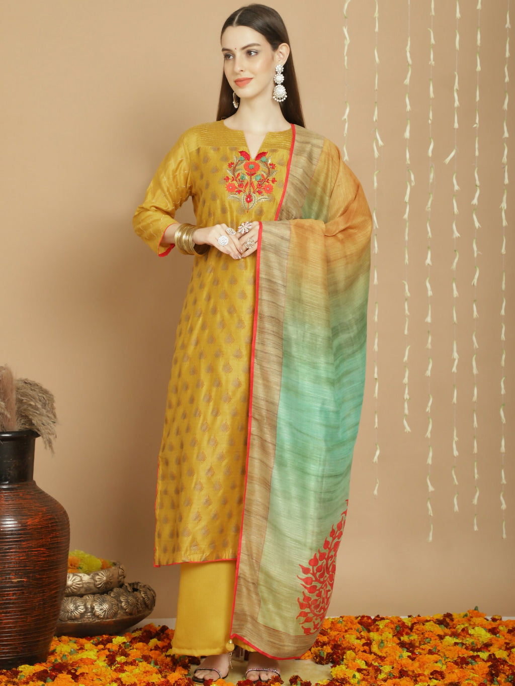 Jyoti Fashion Women's Yellow Chanderi Silk Elegant Jardoshi Semi Kurta with Trouser & Dupatta