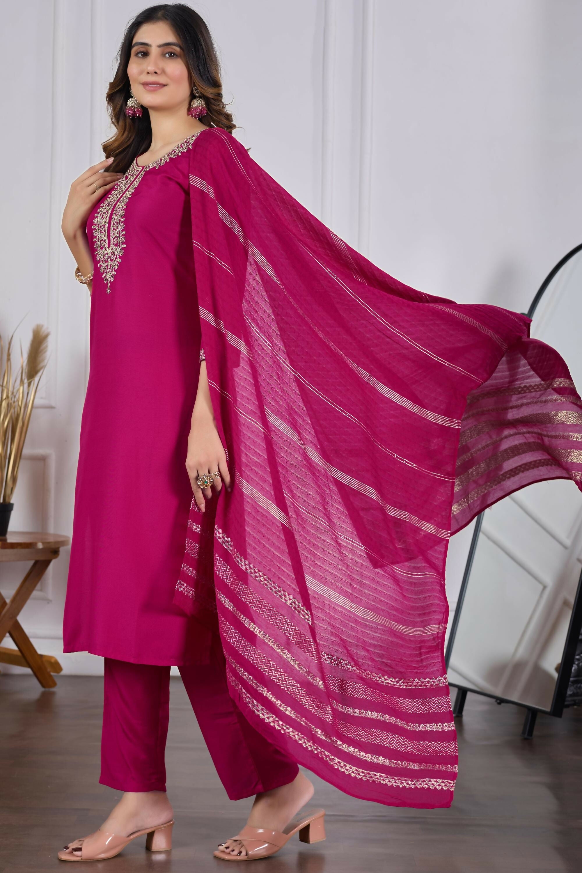 The52 Pink Women's Beautiful Embroidered Rayon Slub Fabric with Straight Kurta, Pant and Dupatta Set