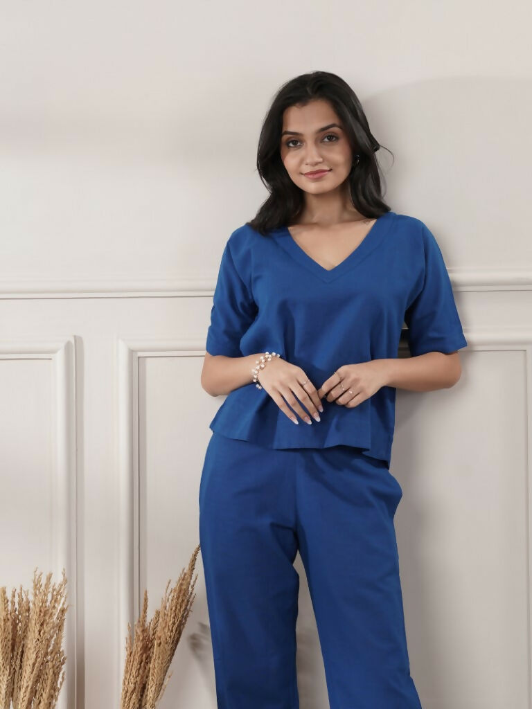 Joban Fashion Women's Royal Blue Co-Ord Set V Neck