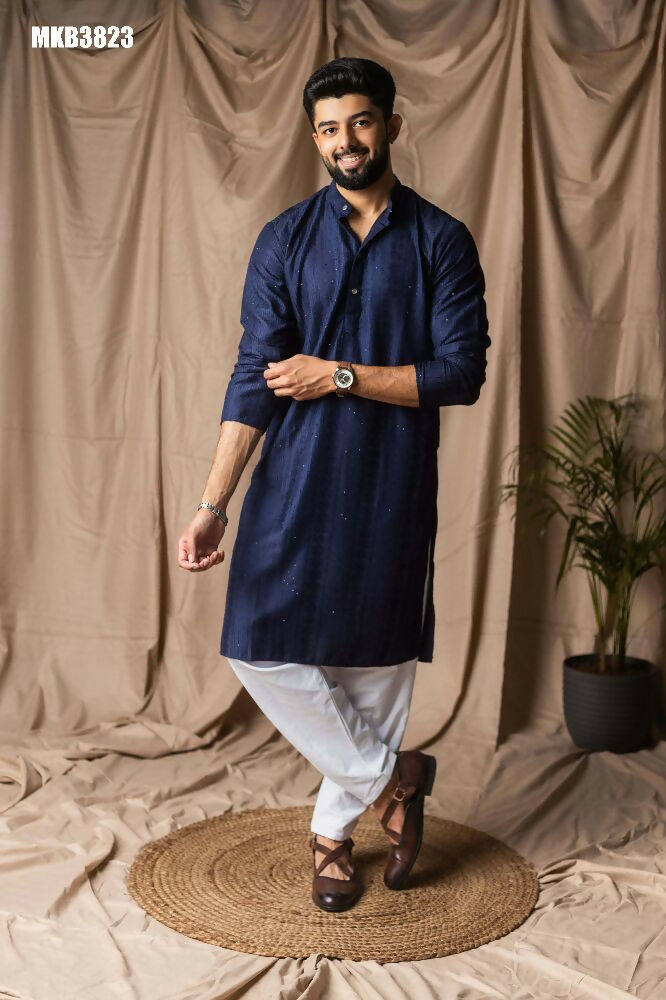 Navy Blue Rayon Thread Embroidery Work Kurta Set - Mahotsav