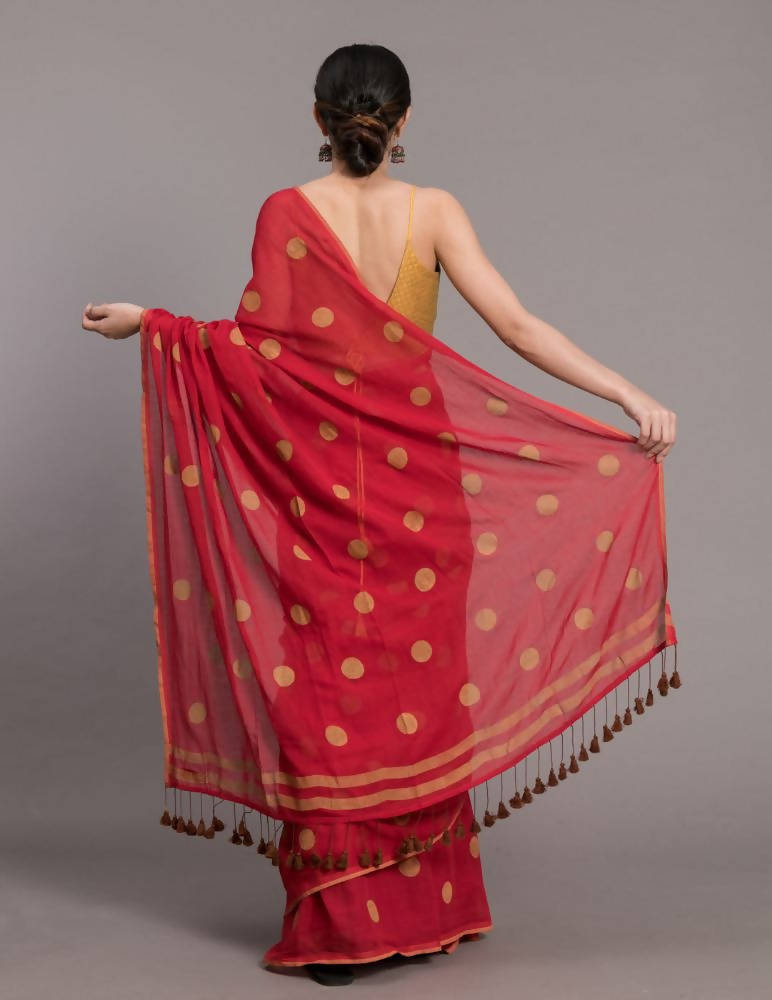 Suta Red Beige Polka Printed Pure Cotton Saree