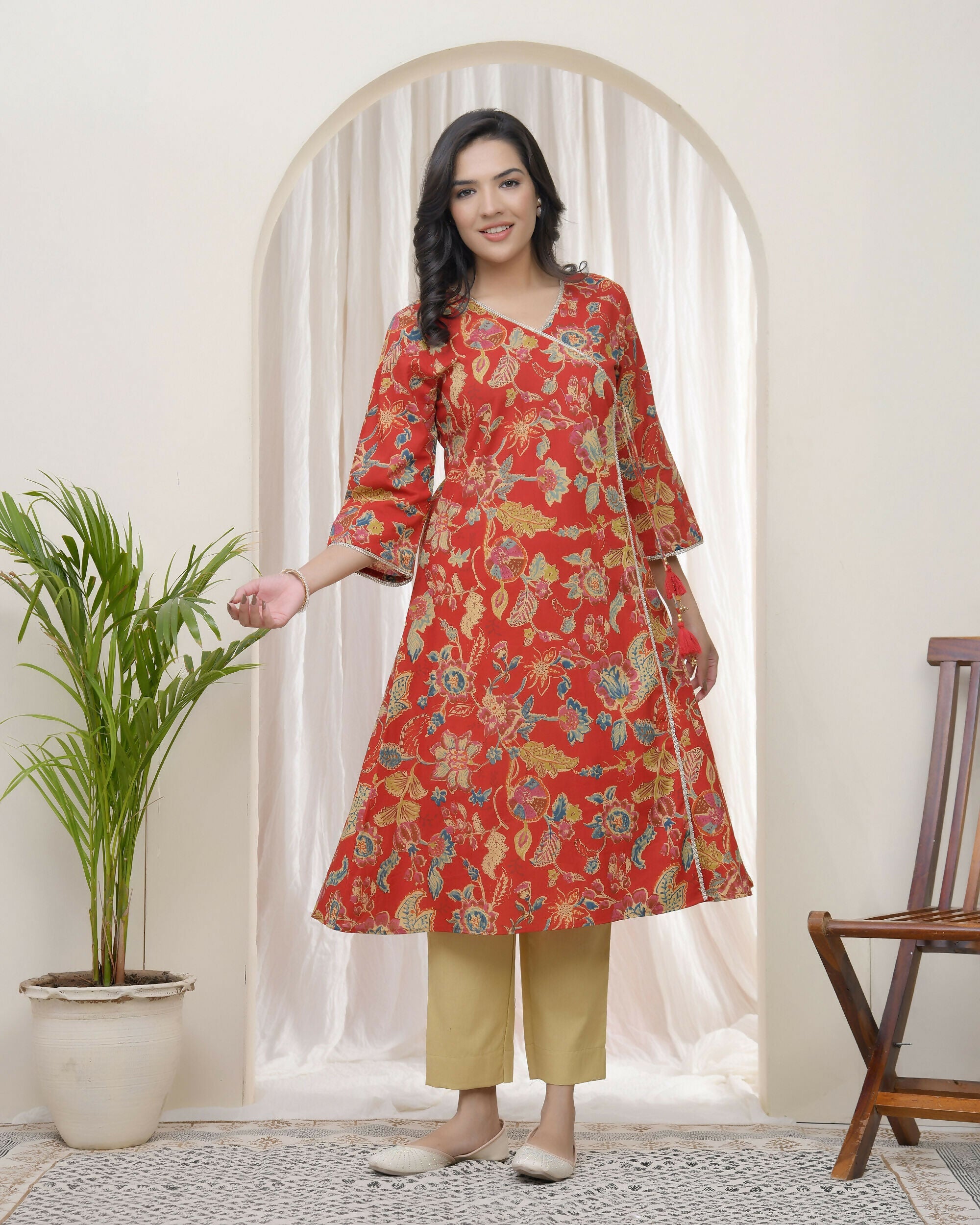 Vaasva Women Red Cotton Angrakha Kurta With Pant