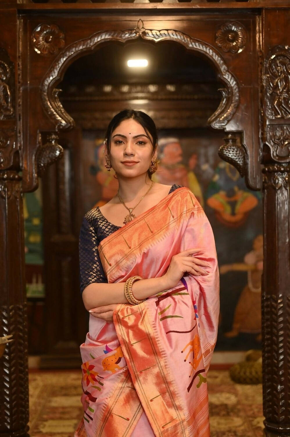 Very Much Indian Pure Silk Intricately Woven Handloom Paithani-Pretty Peach
