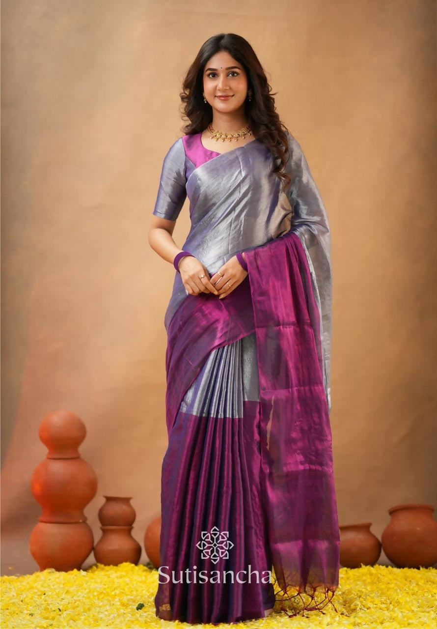 Exclusive Collection Beautiful Gray Magenta Tissue Silk Hand Weaving Handloom Saree With Running Blouse Piece