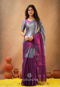 Exclusive Collection Beautiful Gray Magenta Tissue Silk Hand Weaving Handloom Saree With Running Blouse Piece