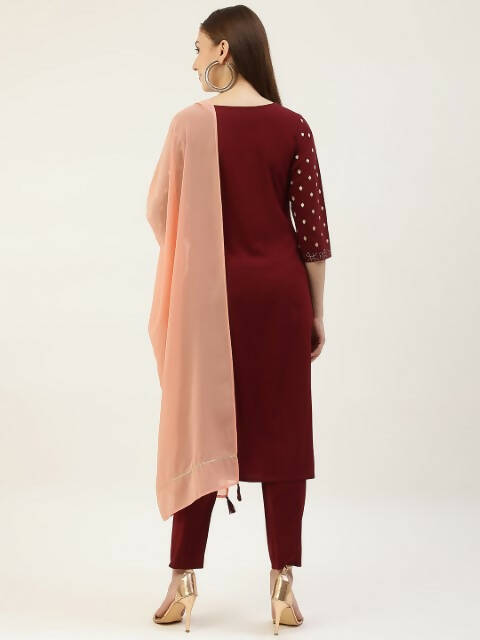 FIORRA Women's Maroon Poly Crepe Straight Kurta Pant With Dupatta