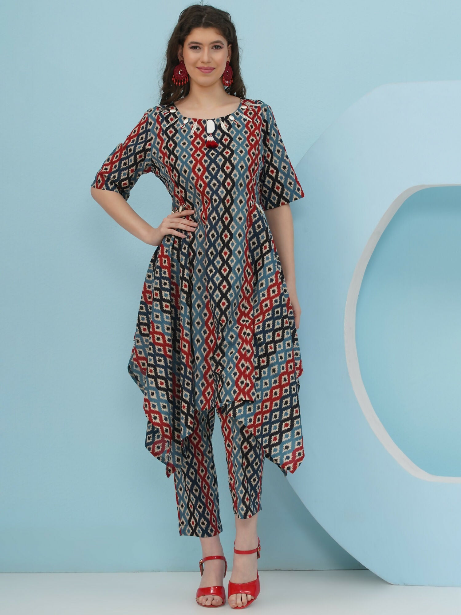 Joban Fashion Ikkat Printed Co Ord Set - Blue Red