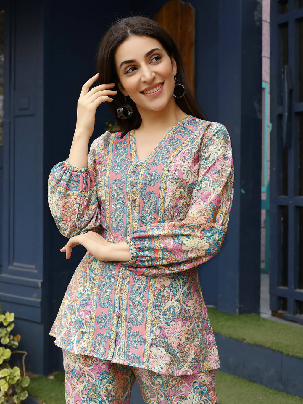 Pink Rayon Paisley & Floral Printed Top with Matching Bottom - Eesha