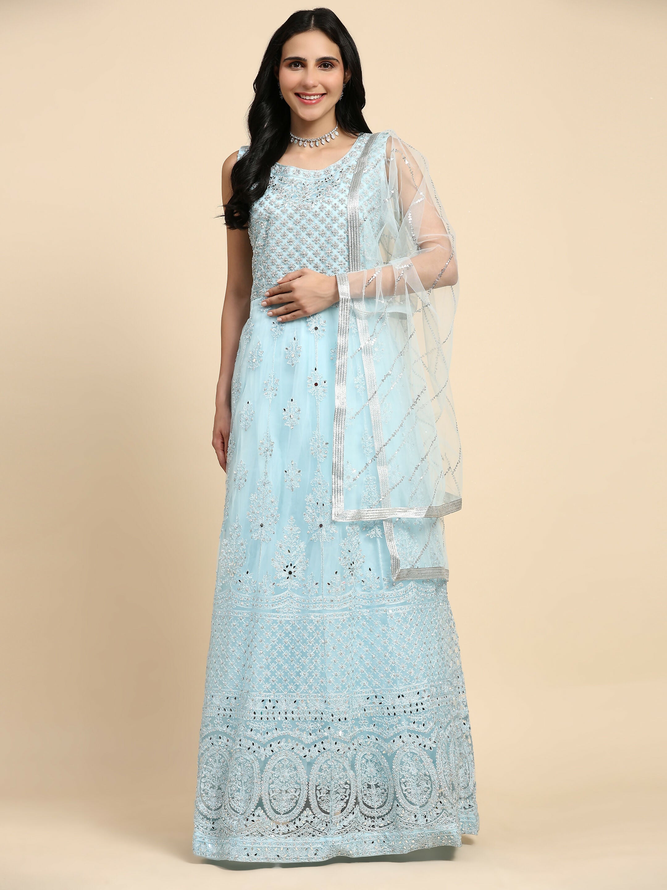 Blue Net Hand Embroidered Gown - Rudrani
