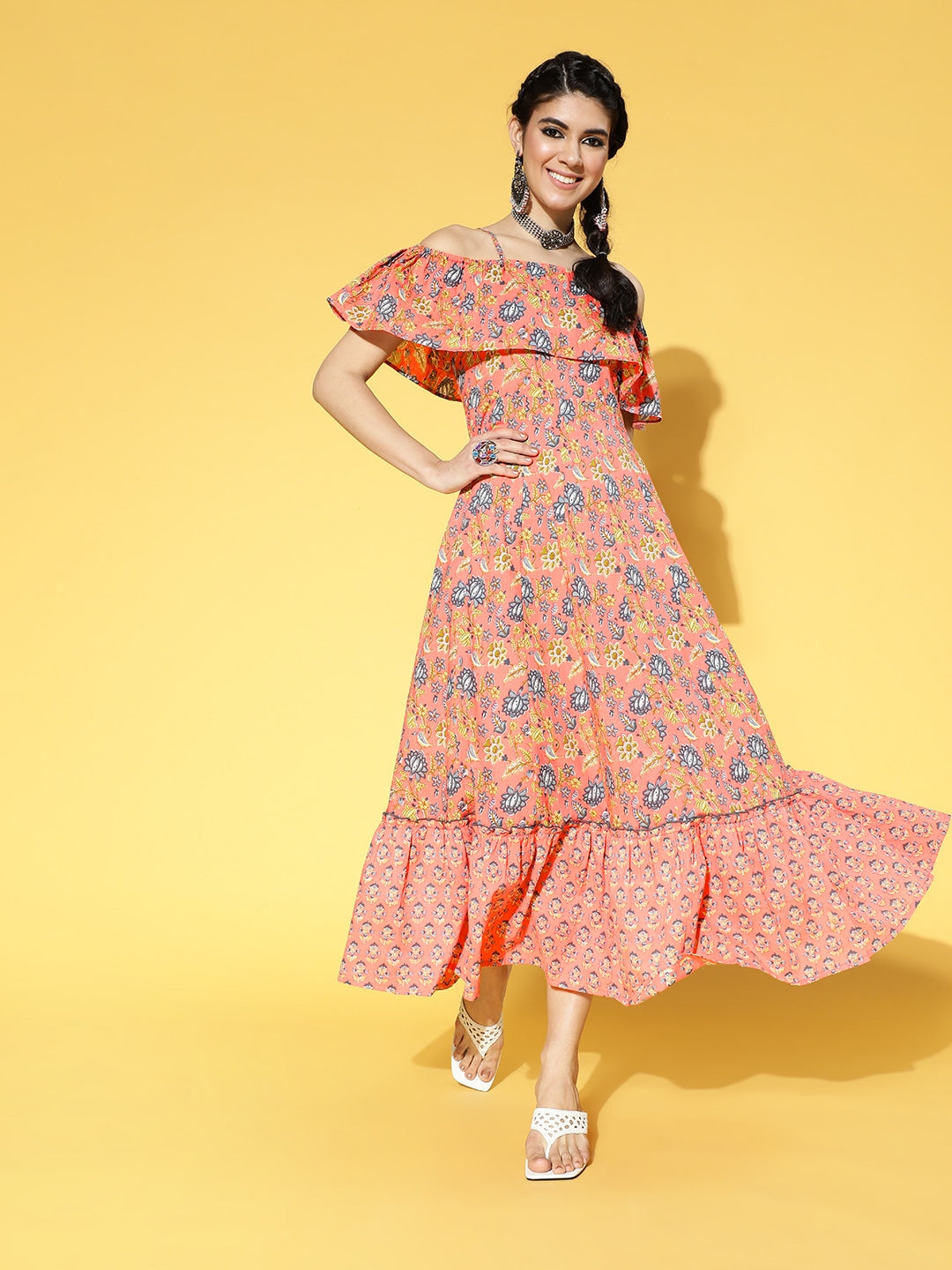 Yufta Peach-Coloured & Blue Floral Printed Dress