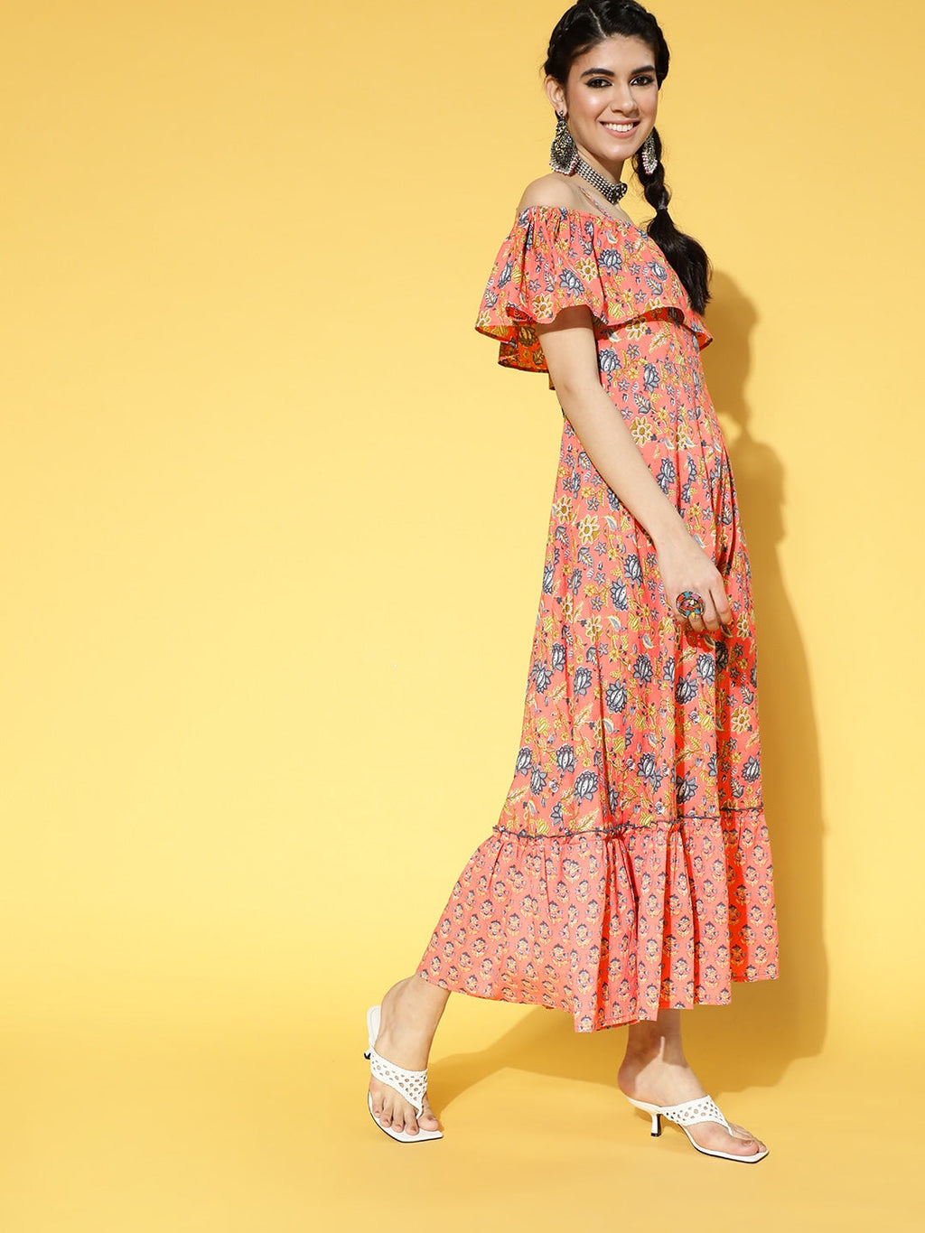 Yufta Peach-Coloured & Blue Floral Printed Dress