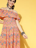 Yufta Peach-Coloured & Blue Floral Printed Dress