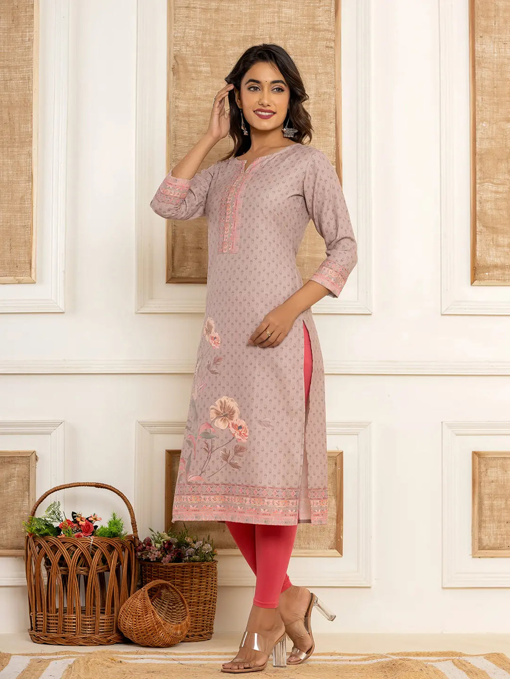 Yufta Peach Cotton A-Line Kurta With Digital Print