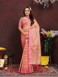 Lorenvalley Fashion Peach Soft Katan Silk Woven Design Rich Zari Weaving Pallu Saree