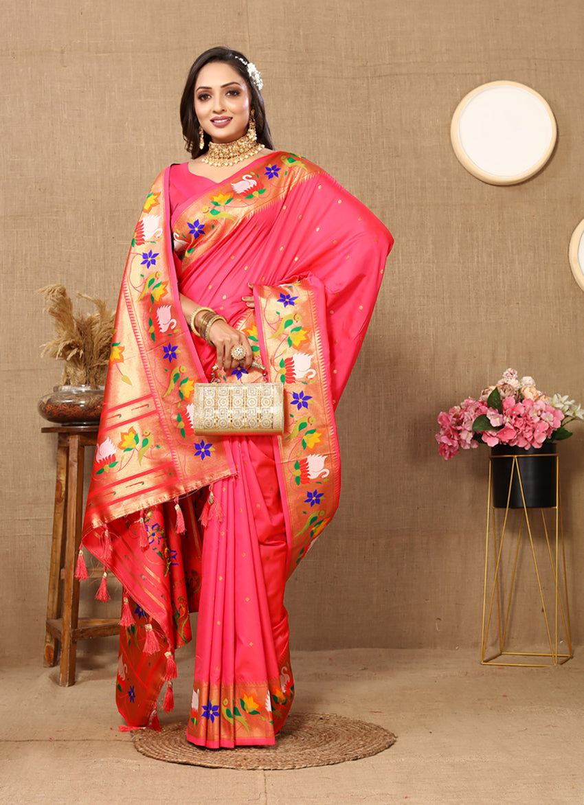 Lorenvalley Fashion Peach Soft Paithani Silk Woven Design Rich Zari Meenakari Weaving Saree