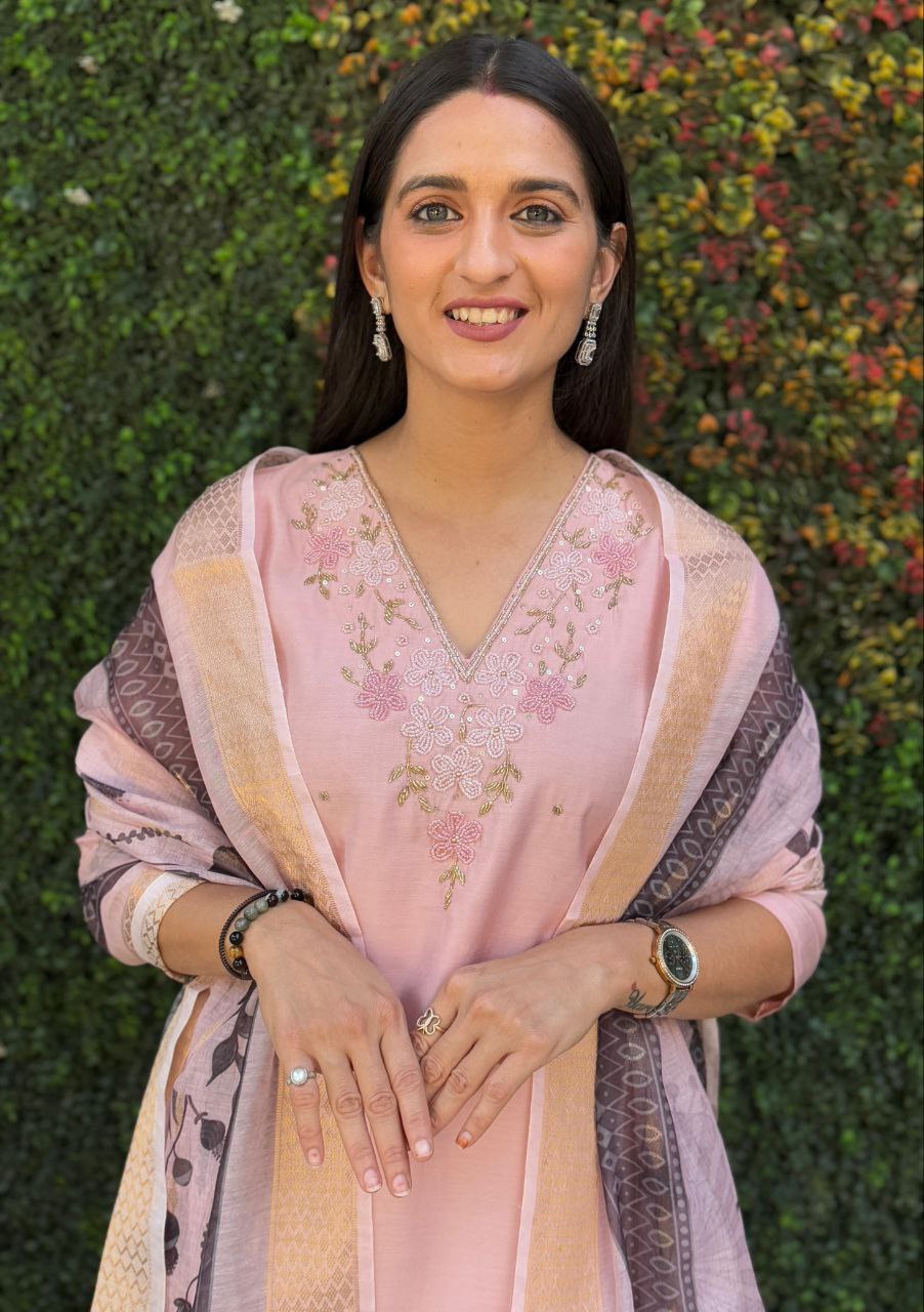 Lorenvalley Fashion Peach Roman Silk Hand Work Kurta Pant with Dupatta