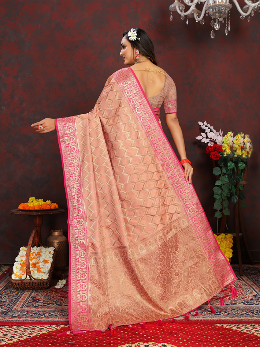 Lorenvalley Fashion Peach Soft Katan Silk Woven Design Rich Zari Weaving Pallu Saree