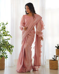 Lorenvalley Ready to wear Jimmy Choo Organza Fabric Border Lace Work Predrapped Saree