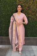 Lorenvalley Fashion Peach Roman Silk Hand Work Kurta Pant with Dupatta