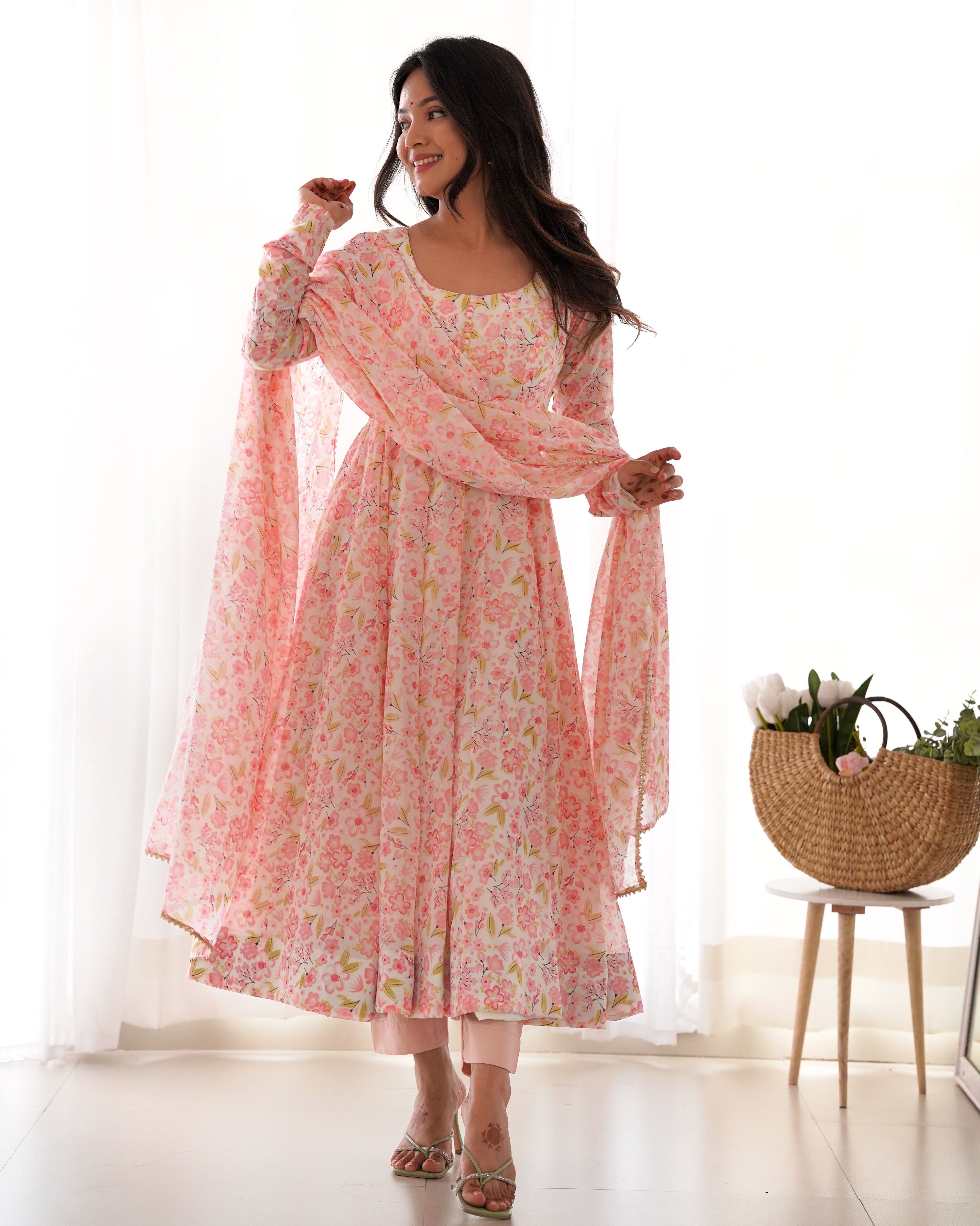 Lorenvalley Peach Soft Organza Silk With Floral Print Fully Flared Anarkali Pant With Dupatta Set