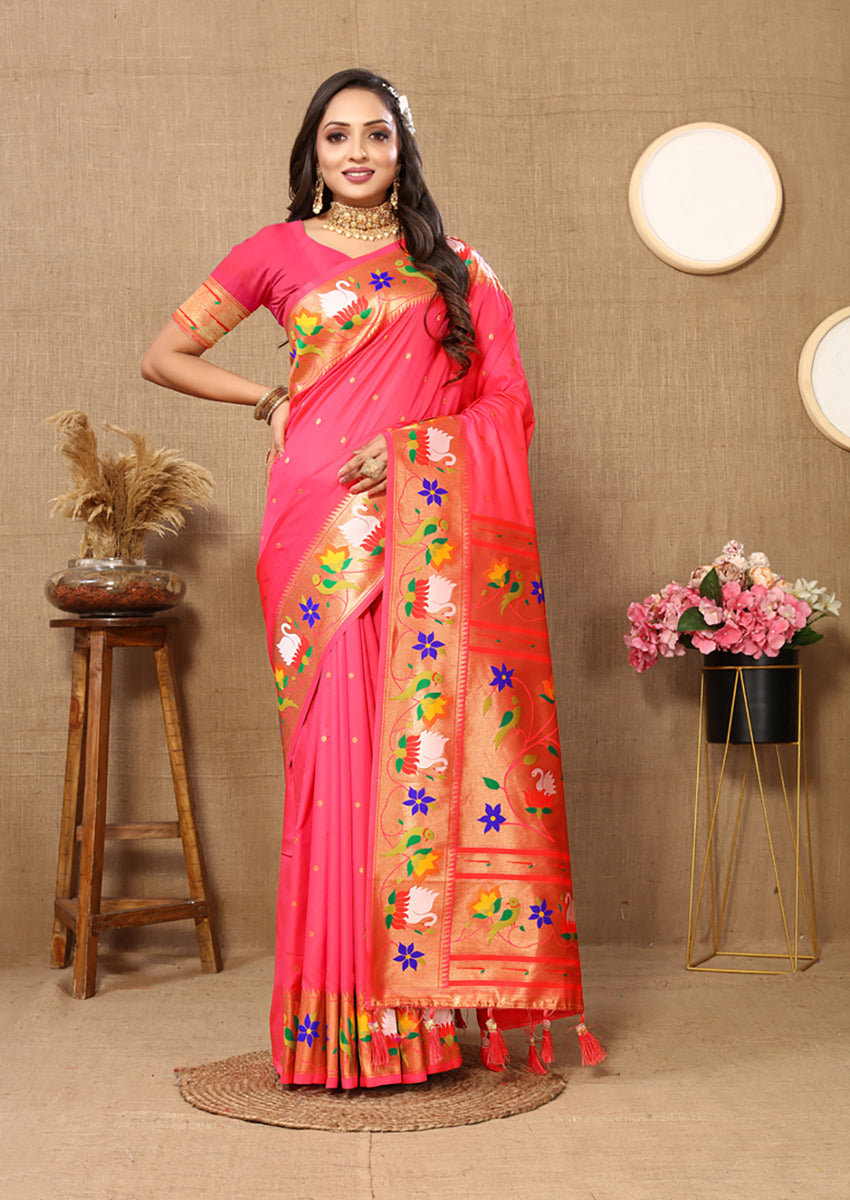 Lorenvalley Fashion Peach Soft Paithani Silk Woven Design Rich Zari Meenakari Weaving Saree