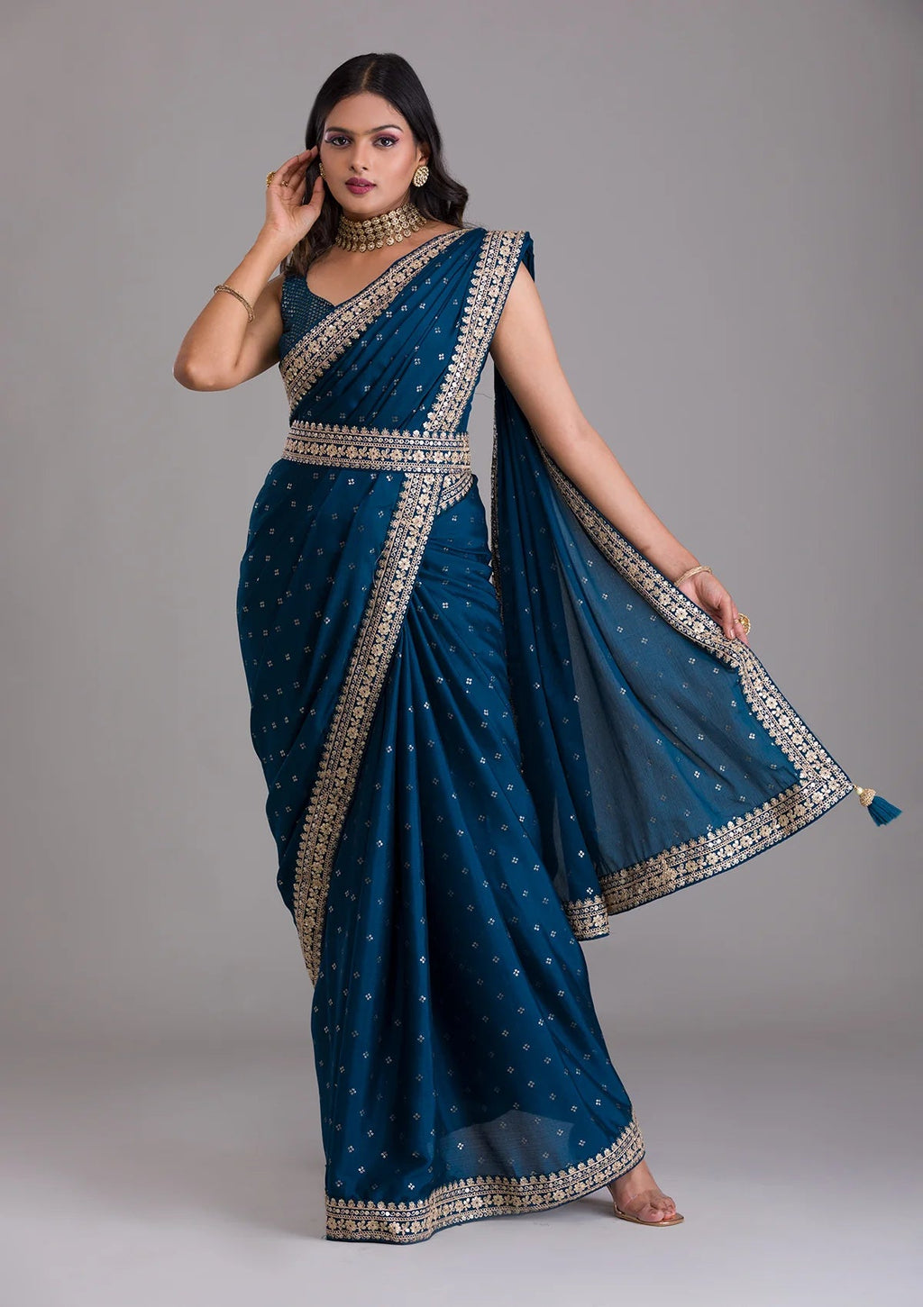 Teeya Creation Petrol Color Chinnon Silk Heavy Embroidery Work Saree