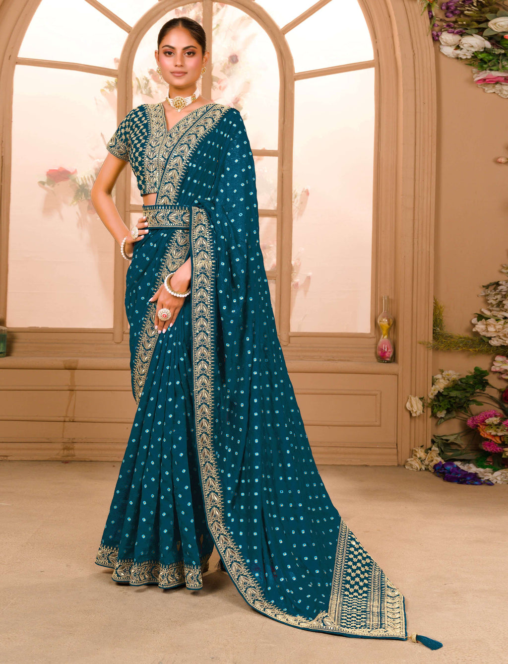 Teeya Creation Petrol Color Chinnon Silk Heavy Embroidery Work Saree
