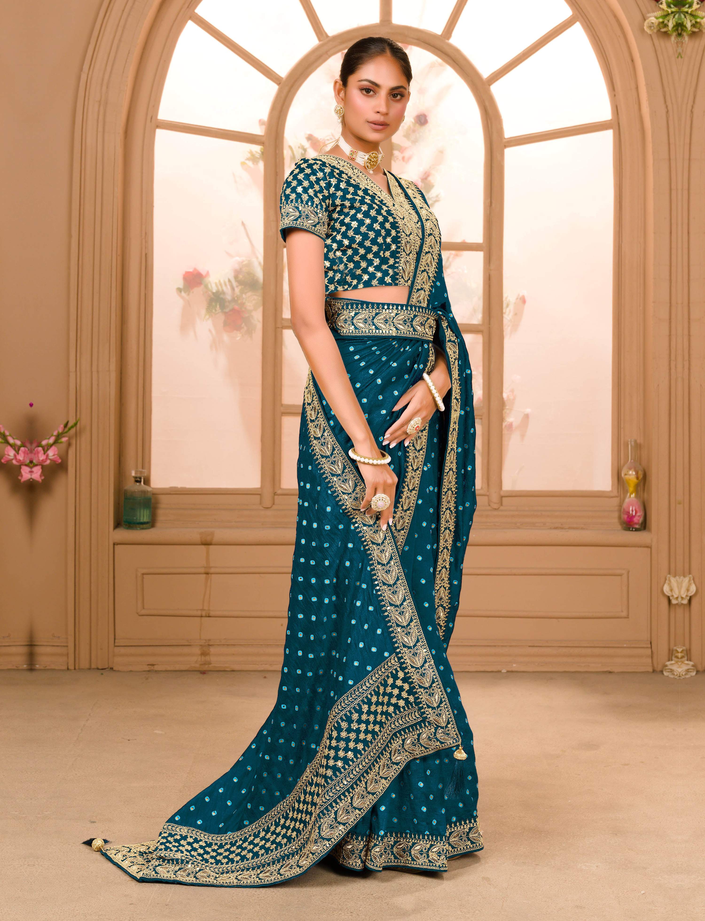 Teeya Creation Petrol Color Chinnon Silk Heavy Embroidery Work Saree