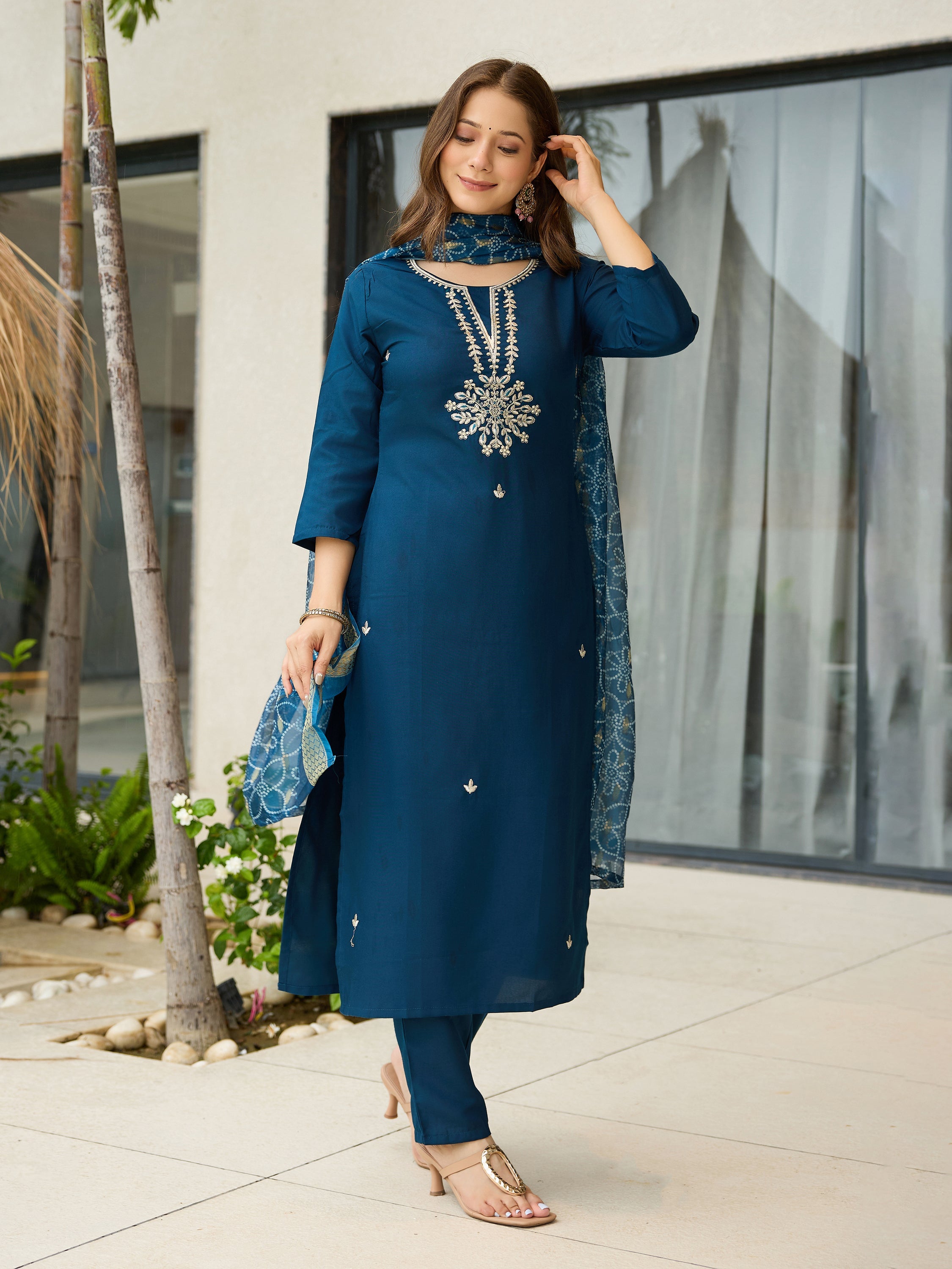 The52 Beautiful Embroidery Work with Rayon Fabric Straight Kurta, Pant and Dupatta Set