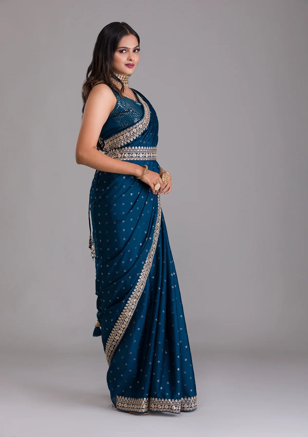 Teeya Creation Petrol Color Chinnon Silk Heavy Embroidery Work Saree