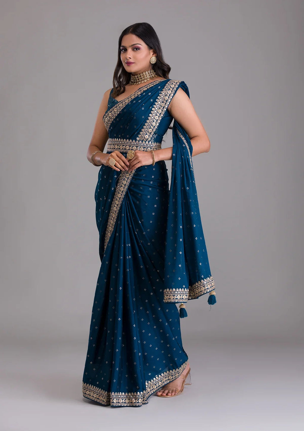 Teeya Creation Petrol Color Chinnon Silk Heavy Embroidery Work Saree