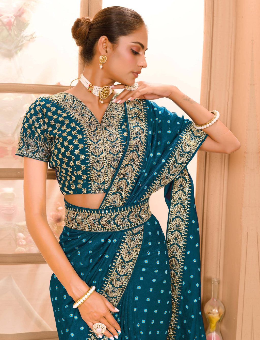 Teeya Creation Petrol Color Chinnon Silk Heavy Embroidery Work Saree