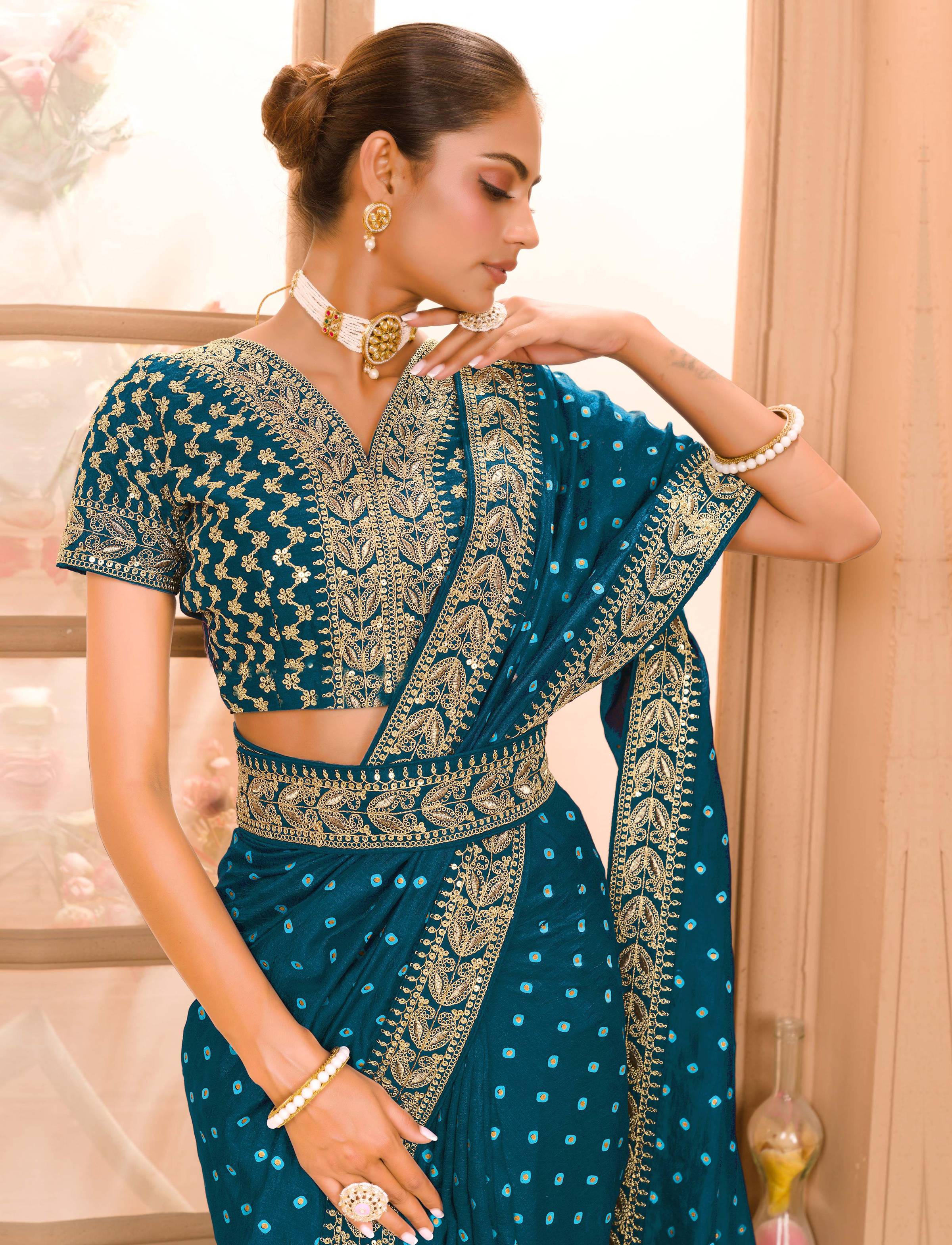 Teeya Creation Petrol Color Chinnon Silk Heavy Embroidery Work Saree
