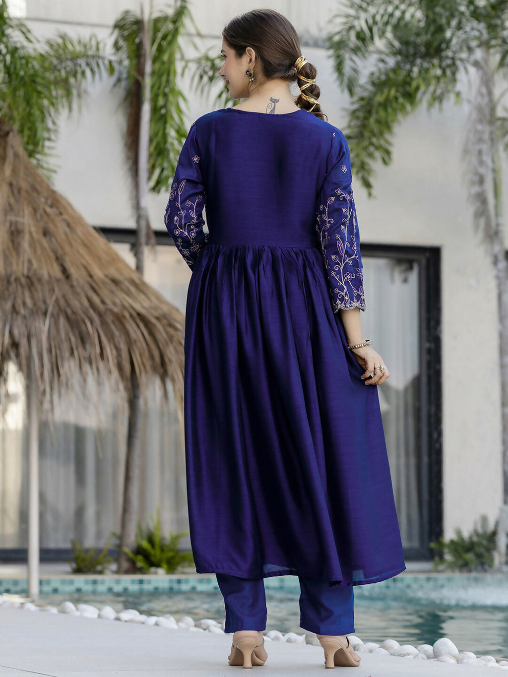 The52 Blue Women's Beautiful Embroidered Vichitra Silk Fabric with Flared Kurta, Pant and Dupatta Set