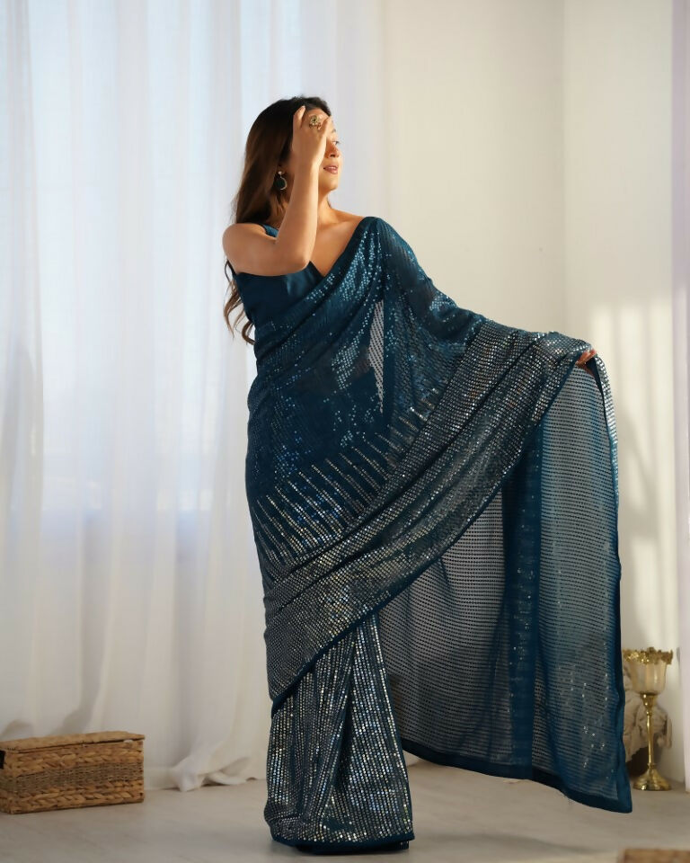 Petrol Georgette Designer Sequence Embroidery Work Saree - Sitare