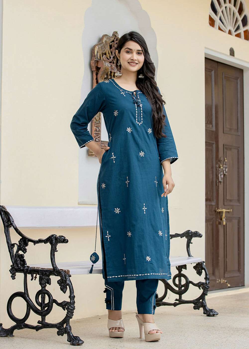 Kaajh Women's Navy Blue Mirror Embellished Cotton Suit Set