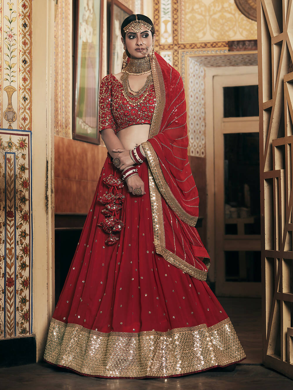 Wedding Designer Sequene Zari Resham Embroidery Red Georgette Lahengha Choli - Anbazaar