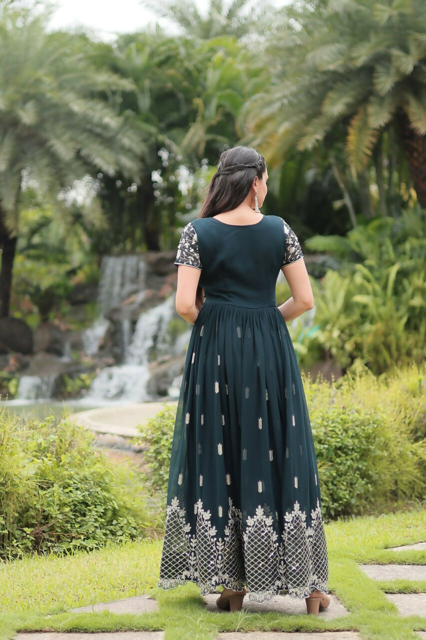 Vastranavya Premium Designer Faux Blooming with Embroidery Zari Sequins work Gown - Teal