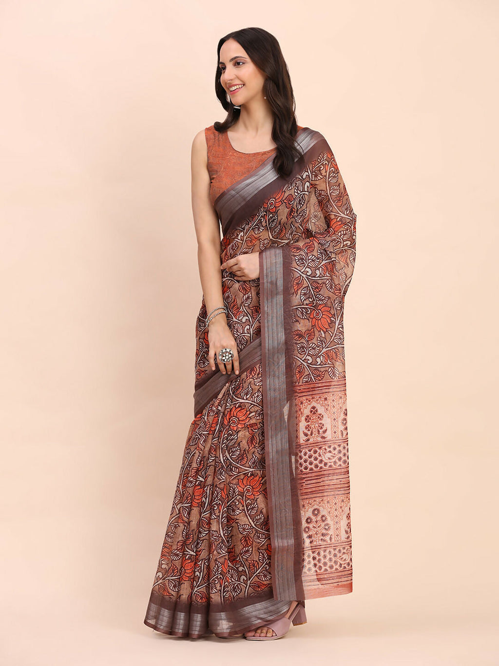 Shree Shyam Fashion Linen Cotton Brown Saree