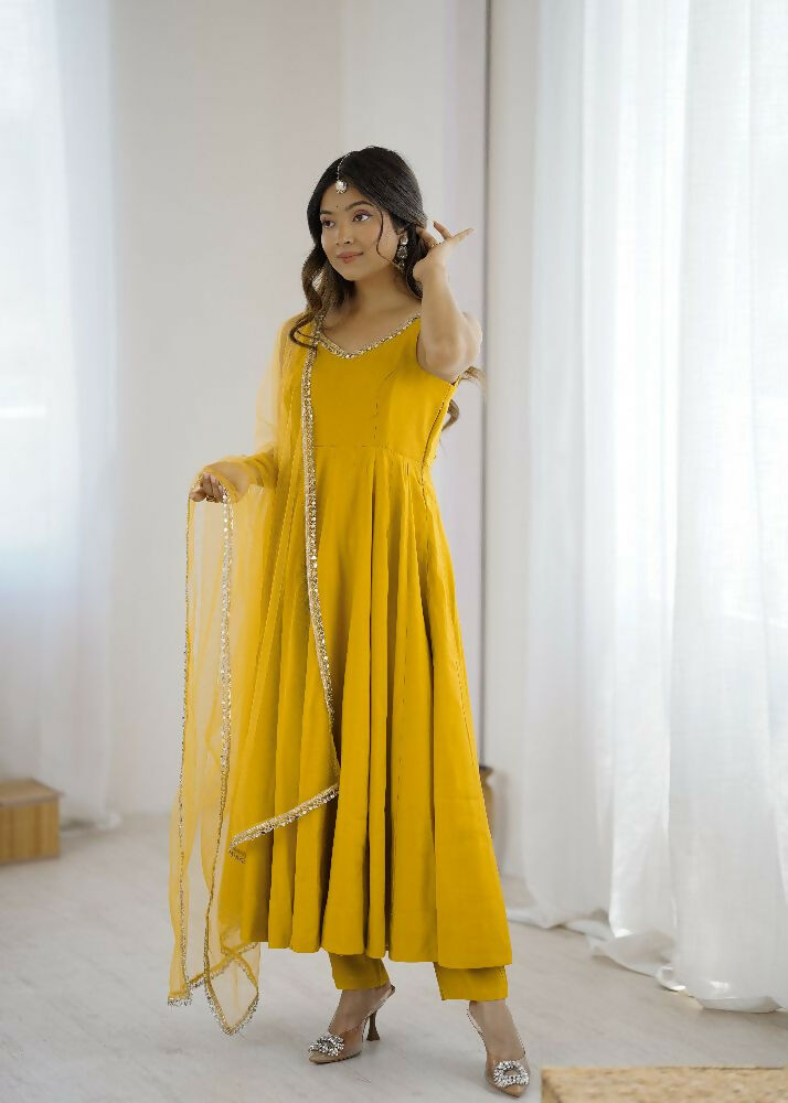 Joban Fashion Yellow Kurta Set Chanderi Sequence Embroidery Work