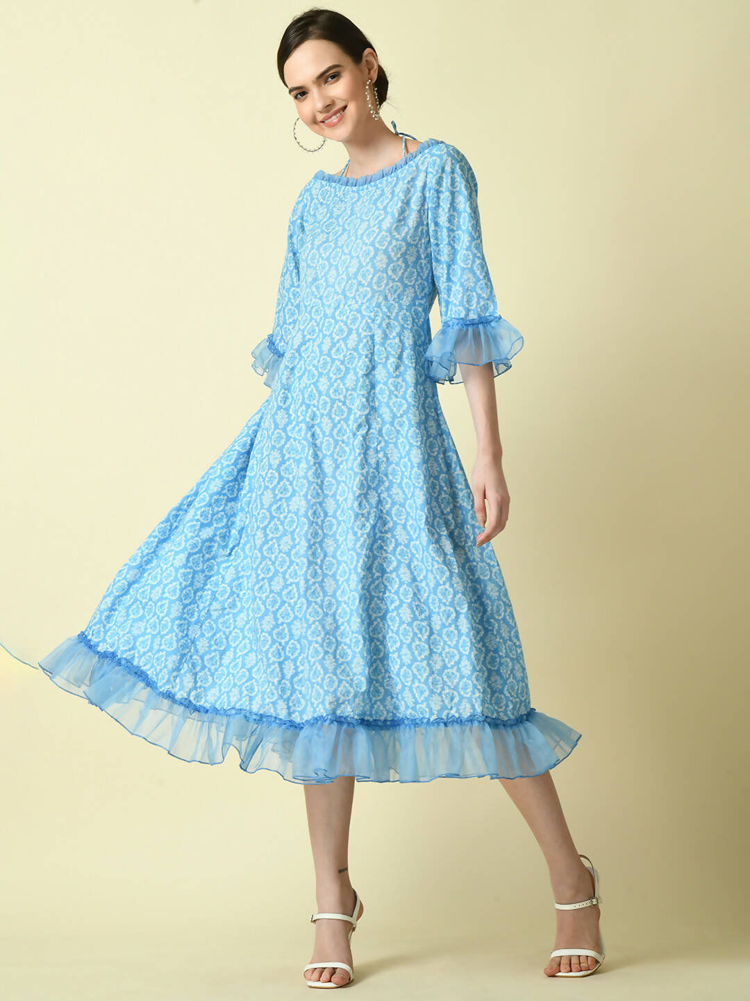 Myshka Women's Blue Empire Printed Dress