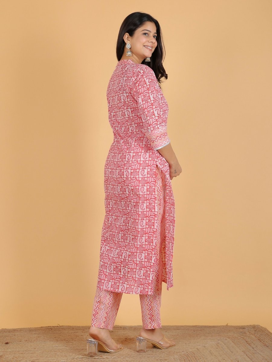 Aramya Straight Soft Cotton Abstract Print Women's Kurta Set - Pink