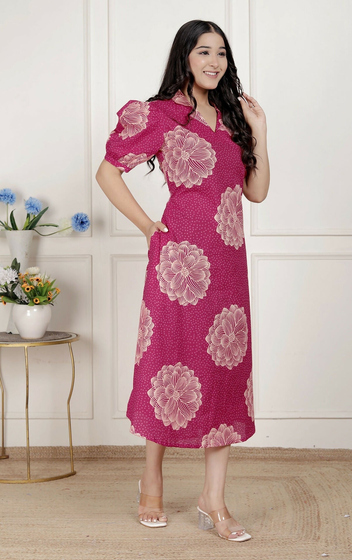 Miravan Womens Pink Printed Collar Neck Short Puff Sleeves Cotton A-Line Maxi Dress