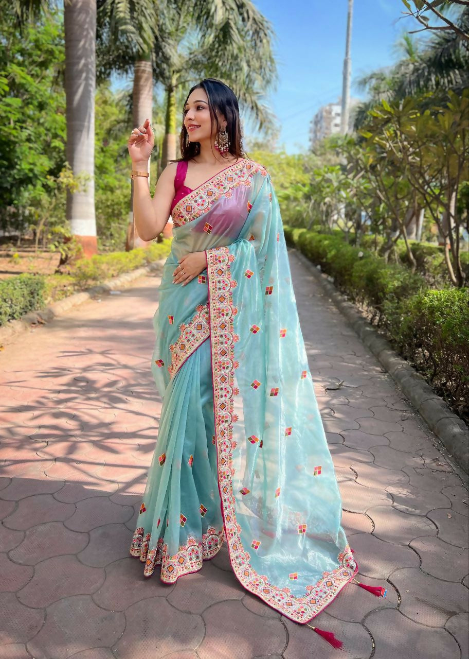 Vastranavya Twill Net Designer Embroidery & Colour Thread & Diamond work Saree with Blouse Material - Sky Blue